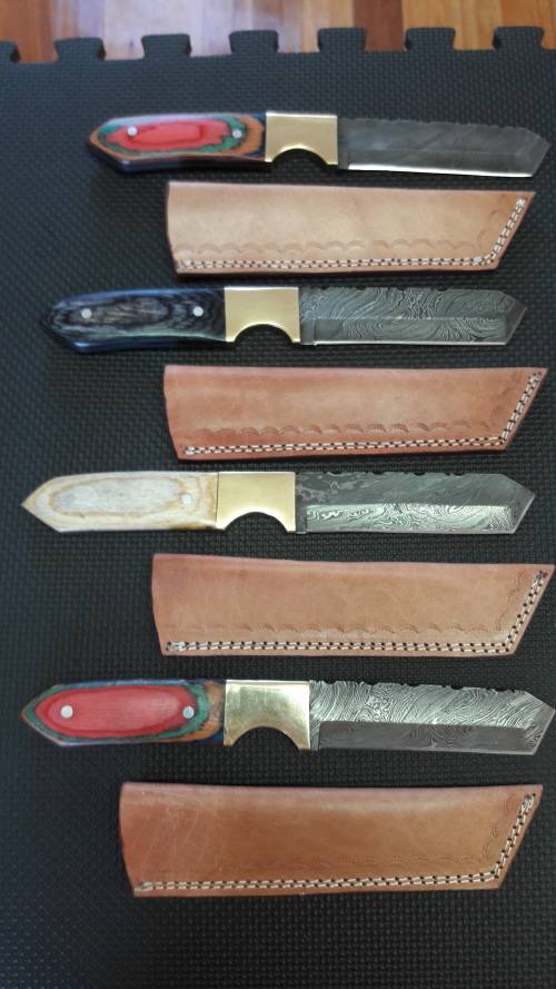 DAMASCUS Hand Made TANTO design, 30cm long, leather sheath included. 4 Available, Per per Tanto.