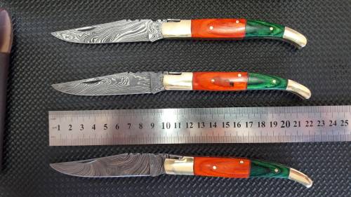 DAMASCUS Hand Made Foldable Laguiole style knives, BID PER KNIFE, 1 Available, Leather incl