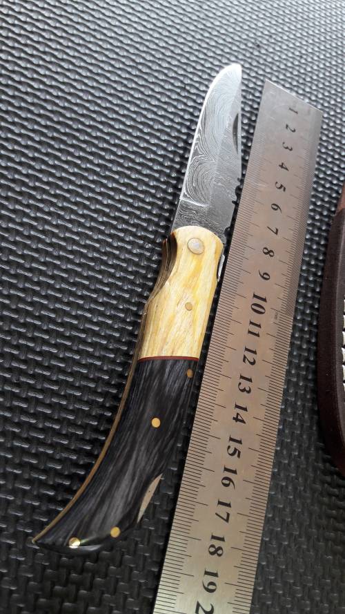 DAMASCUS Hand made Folding knife,  BACK LOCK Knife !! 1 Available. leather pouch included.