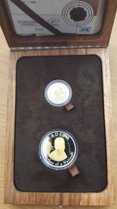Mandela 90th Birthday celebration PROOF SET, Solid gold and silver Medal, and R5 PROOF as issued.