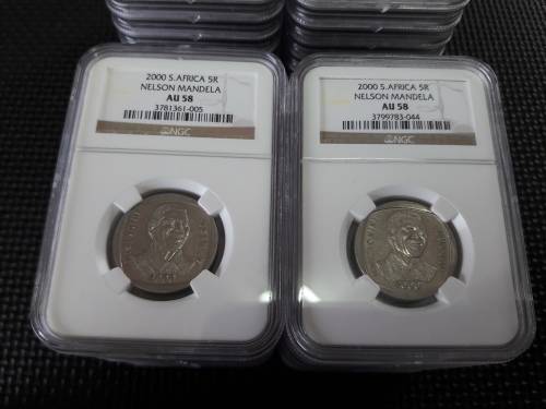 54 x NGC Graded coins, All Mandela, 1994, 2000 and 2008 90th Birthday R5 coins, 18 of EACH, bid per