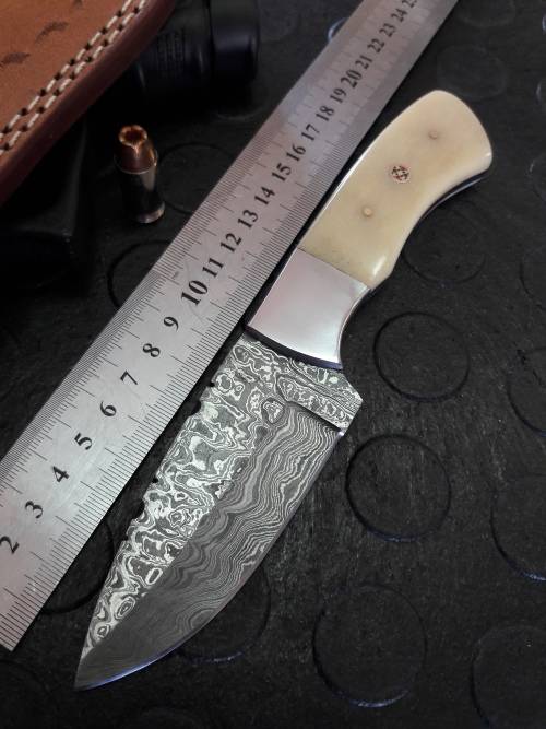 Handmade DAMASCUS Steel Knife, Camel Bone handle scales. Crazy R1 start, No reserve.