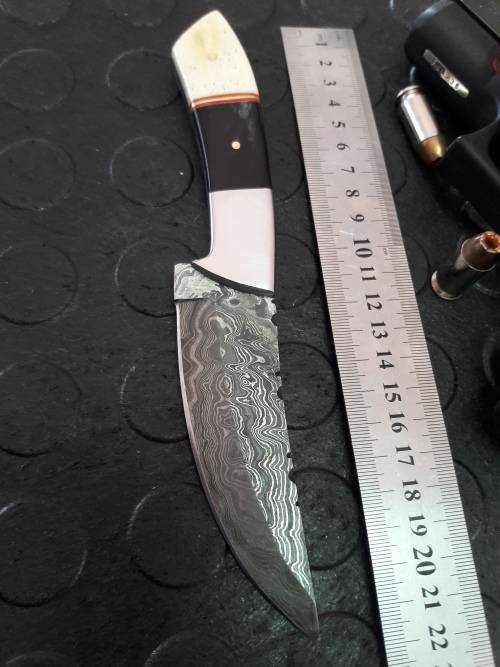 Handmade DAMASCUS steel Knife with Camel bone and bull horn handle. R1 start, No reserve auction.