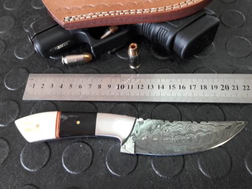 Handmade DAMASCUS steel Knife with Camel bone and bull horn handle. R1 start, No reserve auction.