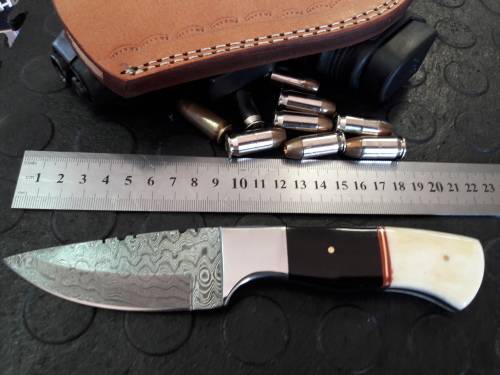 Handmade DAMASCUS steel Knife with Camel bone and bull horn handle. R1 start, No reserve auction.