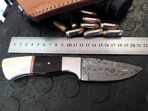 Handmade DAMASCUS steel Knife with Camel bone and bull horn handle. R1 start, No reserve auction.