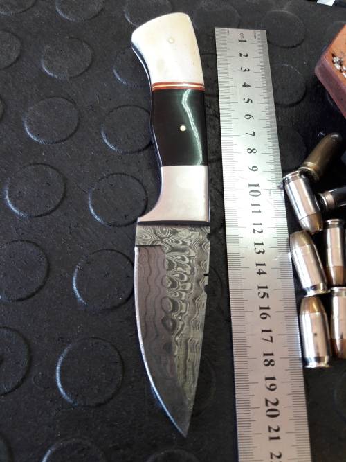 Handmade DAMASCUS steel Knife with Camel bone and bull horn handle. R1 start, No reserve auction.