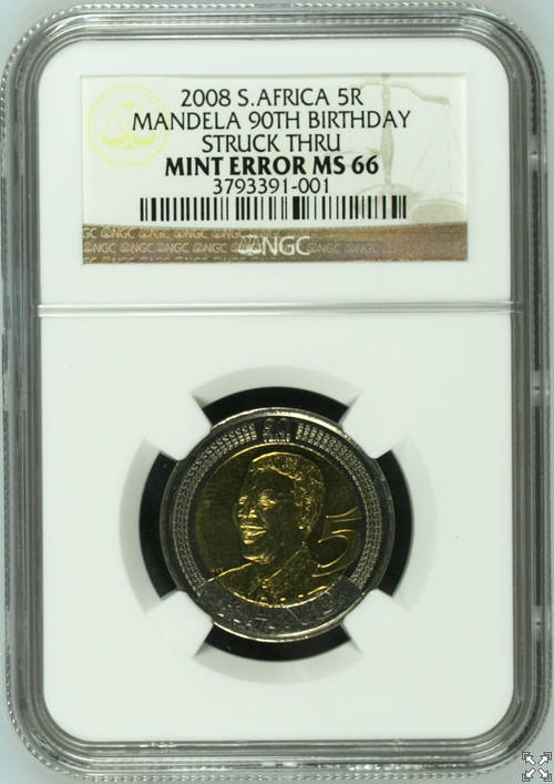 Mandela 90th Birthday Mint Error MS66, STRUCK THRU, NGC Graded