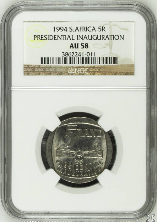 Mandela Presidential Inauguration R5, NGC Graded, AU58 with building in Front.