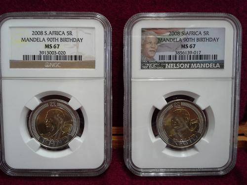 Mandela 90th Birthday Old and NEW label, both MS67 by NGC, display case not included.