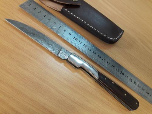 Handmade DAMASCUS  Folding Knife with wooden handle scales, Crazy R1 start, No reserve.