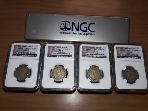 Mandela 90th Birthday R5 graded by NGC, AU 58, 20 Available, BID PER COIN.NGC Container NOT INCLUDED
