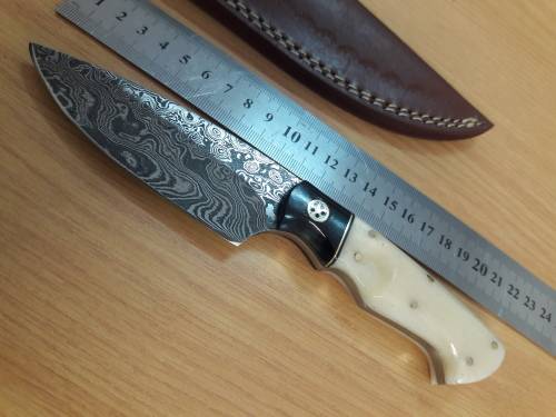 Handmade DAMASCUS Steel Knife, Bull horn and Camel Bone handle scales. NEW DESIGN !!!!