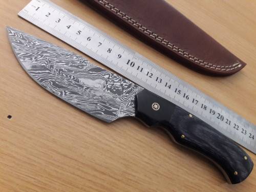 Handmade DAMASCUS Steel Knife, Bull horn and Wooden handle scales. NEW DESIGN !!!!!