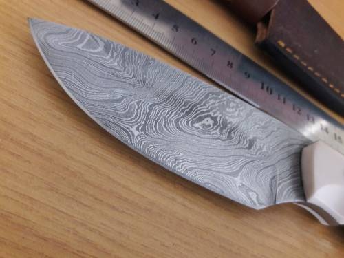 Handmade DAMASCUS Steel Hunting Knife, Bull horn and Camel Bone handle scales.