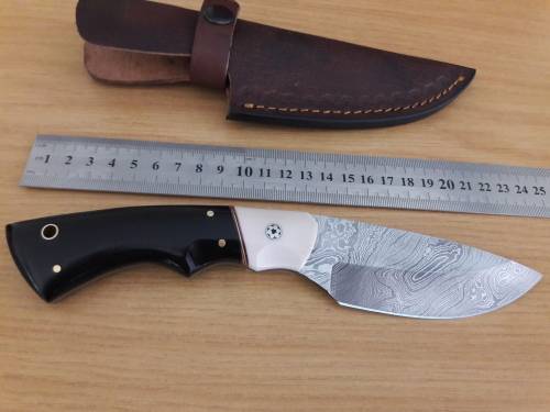 Handmade DAMASCUS Steel Hunting Knife, Bull horn and Camel Bone handle scales.