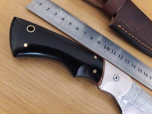 Handmade DAMASCUS Steel Hunting Knife, Bull horn and Camel Bone handle scales.