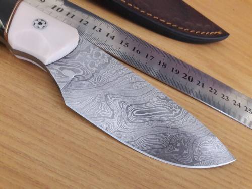 Handmade DAMASCUS Steel Hunting Knife, Bull horn and Camel Bone handle scales.