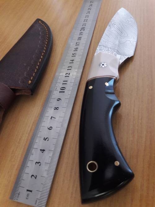 Handmade DAMASCUS Steel Hunting Knife, Bull horn and Camel Bone handle scales.
