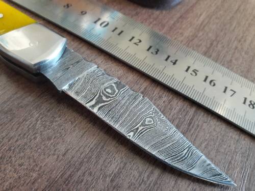 Handmade Damascus steel folding knife with CAMEL BONE handle scales.