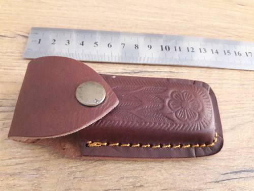 Handmade Damascus steel folding knife with WOODEN handle scales.