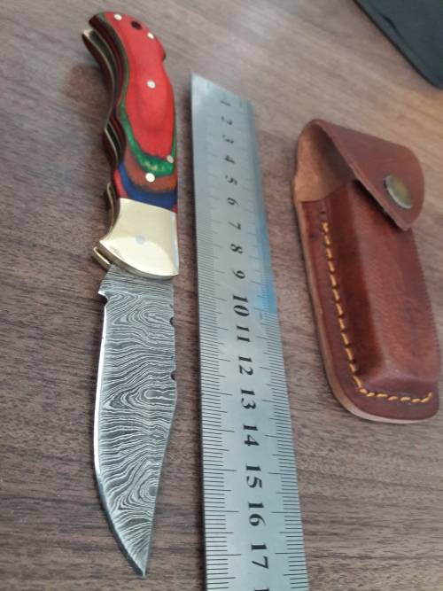 Handmade Damascus steel folding knife with WOODEN handle scales.