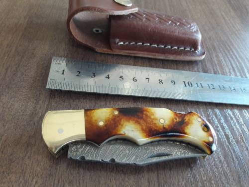 Handmade Damascus steel folding knife with Burnt Camel Bone handle scales.