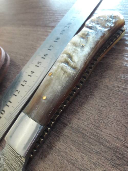 Handmade Damascus steel folding knife with RAM HORN handle scales.