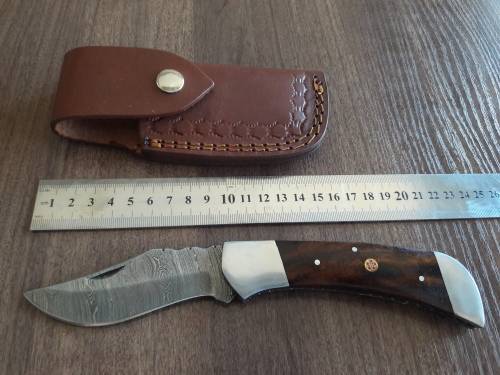 Handmade Damascus steel folding knife with Wooden handle scales. BIG SIZE !!!