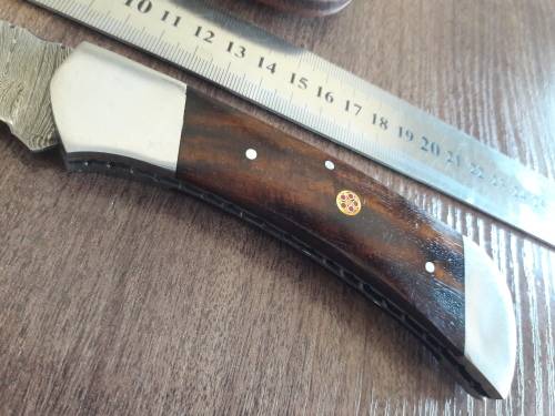 Handmade Damascus steel folding knife with Wooden handle scales. BIG SIZE !!!
