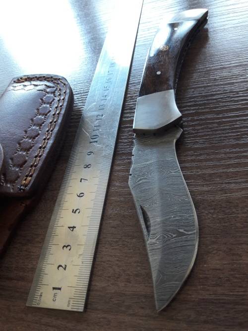 Handmade Damascus steel folding knife with Wooden handle scales. BIG SIZE !!!