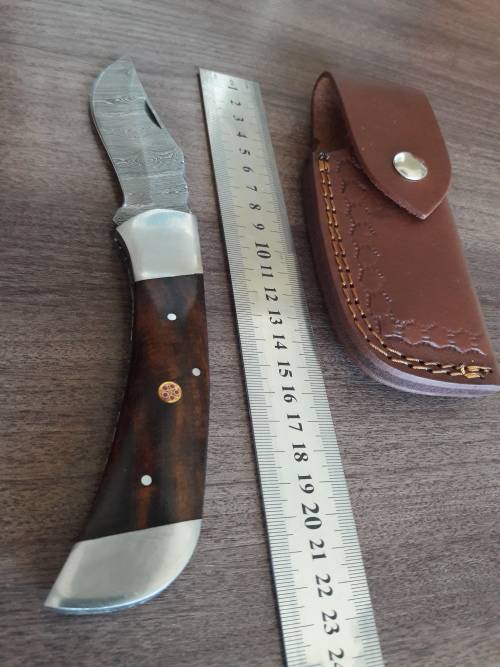 Handmade Damascus steel folding knife with Wooden handle scales. BIG SIZE !!!