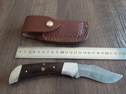 Handmade Damascus steel folding knife with Wooden handle scales. BIG SIZE !!!