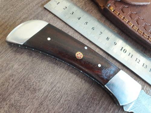 Handmade Damascus steel folding knife with Wooden handle scales. BIG SIZE !!!