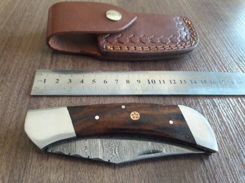 Handmade Damascus steel folding knife with Wooden handle scales. BIG SIZE !!!