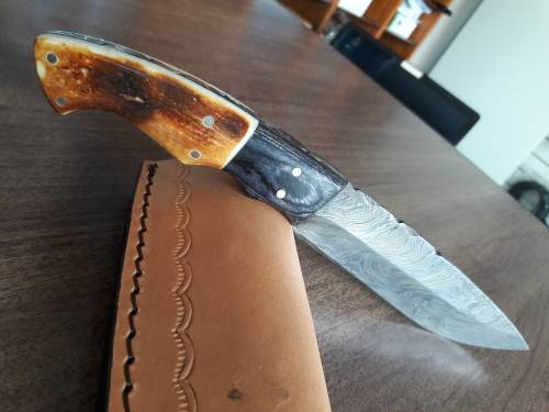 Handmade DAMASCUS Steel Hunting Knife, BURNT Camel Bone & Wooden Handle scales. GIFT TIME !!!!