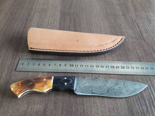 Handmade DAMASCUS Steel Hunting Knife, BURNT Camel Bone & Wooden Handle scales. GIFT TIME !!!!