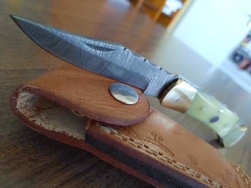 Handmade Damascus steel folding knife with Camel Bone  handle scales. VALENTINE'S GIFT !!