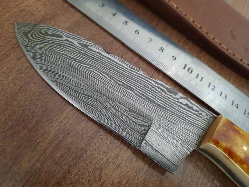 Handmade DAMASCUS Steel Hunting Knife, BURNT Camel Bone Handle scales.