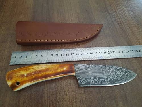 Handmade DAMASCUS Steel Hunting Knife, BURNT Camel Bone Handle scales.