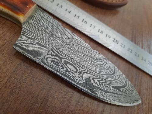 Handmade DAMASCUS Steel Hunting Knife, BURNT Camel Bone Handle scales.