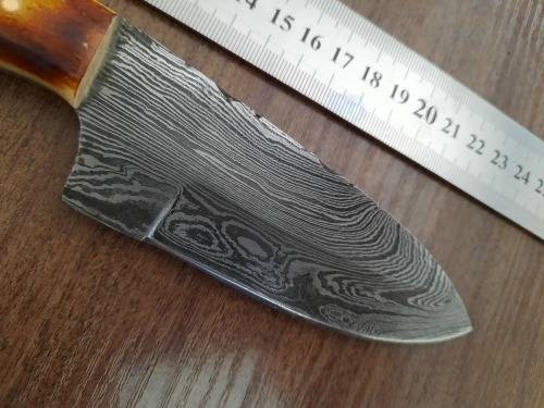 Handmade DAMASCUS Steel Hunting Knife, BURNT Camel Bone Handle scales.