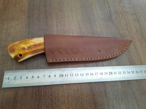 Handmade DAMASCUS Steel Hunting Knife, BURNT Camel Bone Handle scales.