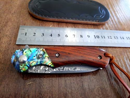 Damascus VG-10 Stainless Steel folding knife, RAZOR Sharp, Rosewood & Shell handle.