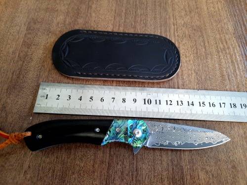 Damascus VG-10 Stainless Steel folding knife, RAZOR Sharp, EBONY WOOD & Shell handle.