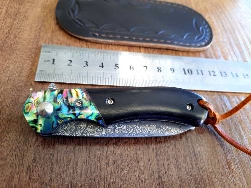 Damascus VG-10 Stainless Steel folding knife, RAZOR Sharp, EBONY WOOD & Shell handle.