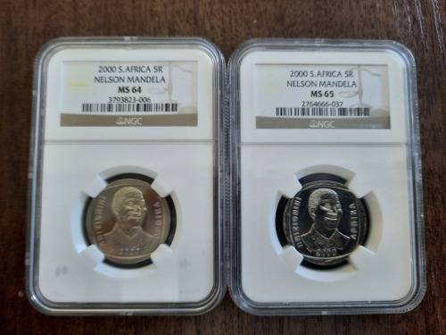 Mandela Smiley 2 piece set, NGC Graded MS64 & MS65 (Second Finest) One bid for both graded coins.