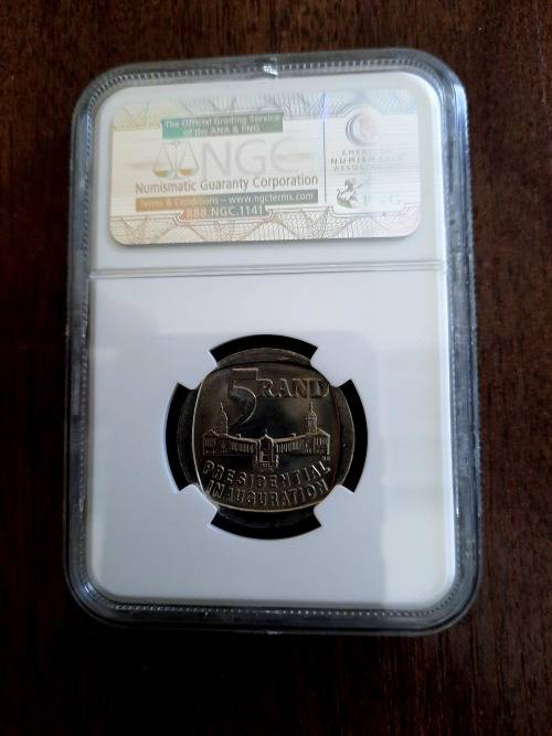 Mandela Presidential Inauguration R5 Graded by NGC,  MS66, BID PER COIN. 1 Available, NEW LABEL.