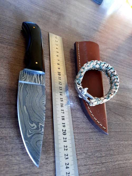 Handmade Damascus steel HUNTING  knife with BULL HORN handle scales. FREE Bracelet !!!!