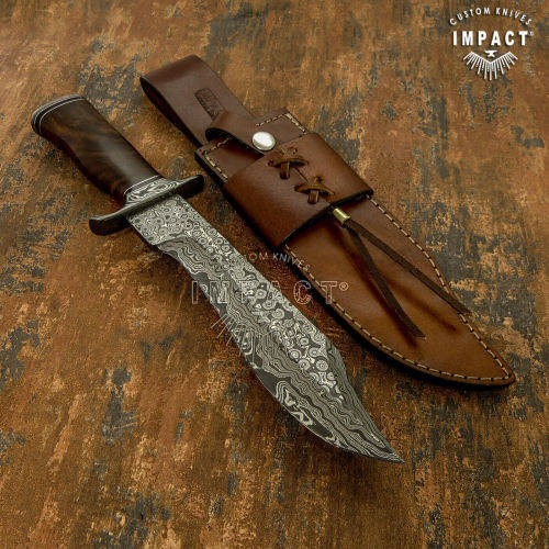 HANDMADE IMPACT Rare CUSTOM Damascus Hunting Bowie with BURL WOOD handle.